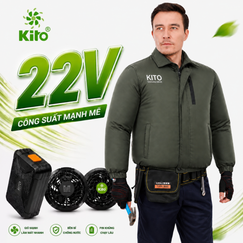 Bộ Áo Điều Hòa KITO KT05 Xanh Rêu, Quạt 22V Pin 28.000mAh